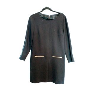 J Crew shift black dress with gold zipper detailing. Size 8, leather elbow patch